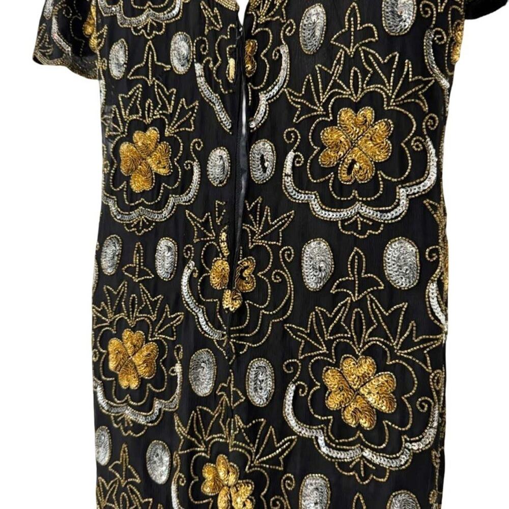 Adrianna Papell Evening Vintage Gold Silver Beaded Knee Length Formal Dress 12 - Picture 12 of 16